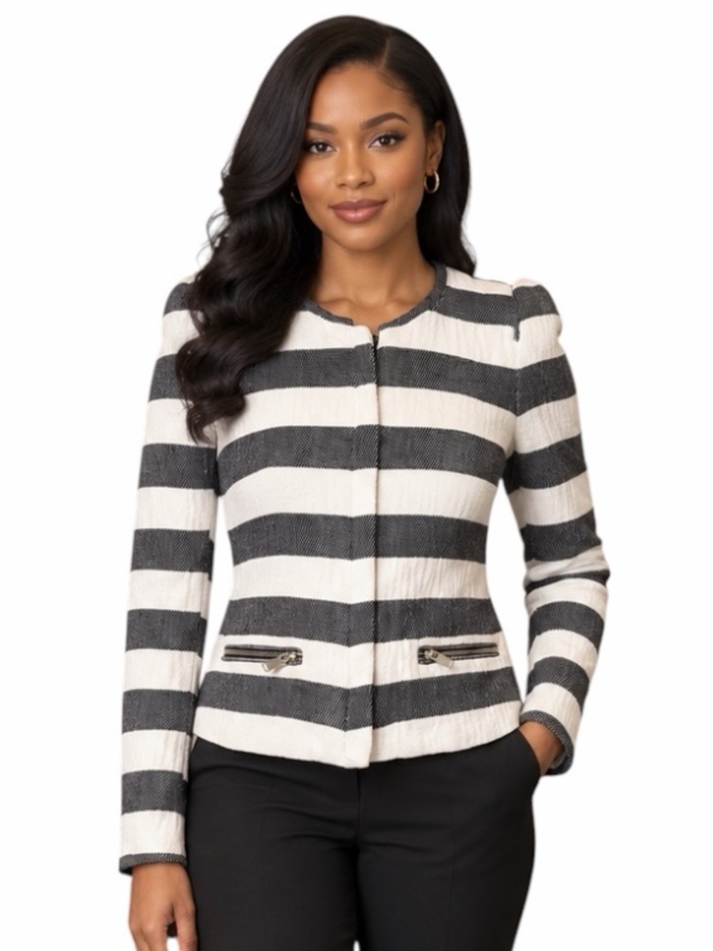 Zara Women’s Small Gray & Ivory Stripe Cotton Blazer Puff Sleeves Padded Lined